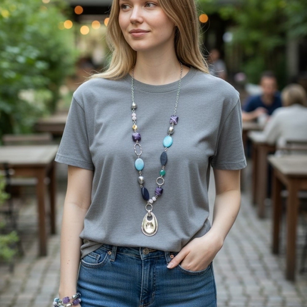 Chico's Silver and Blue Beaded Necklace